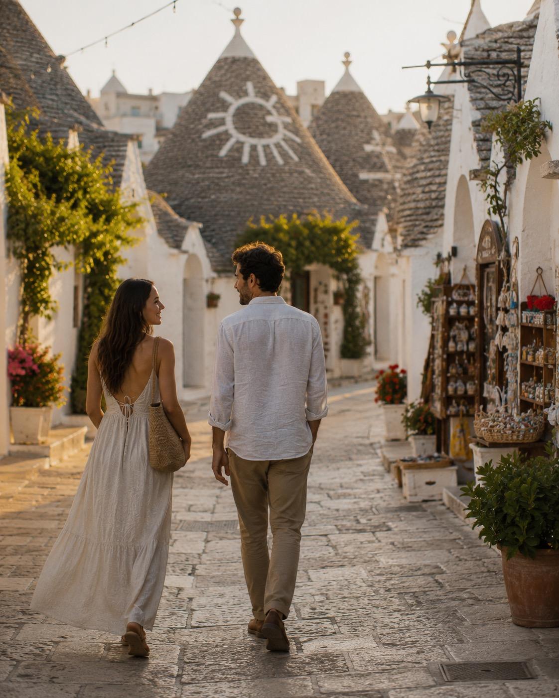 A couple walking a cobbled lane between the conical stone roofs of Alberobello's trulli.