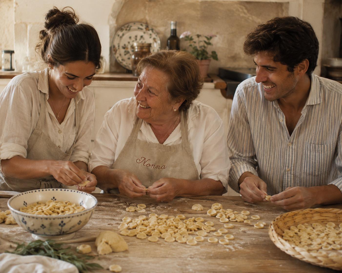 A nonna teaching two guests to shape orecchiette by hand on a floured wooden table.