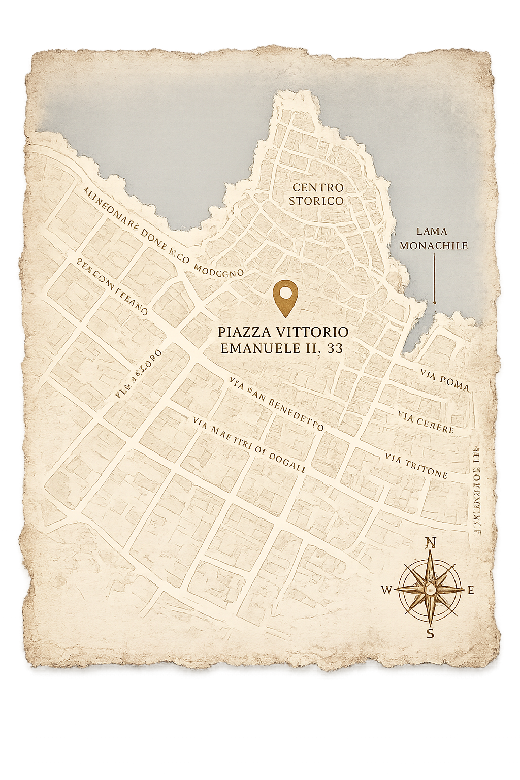 Antique map of Polignano a Mare showing The Duchess of Puglia location