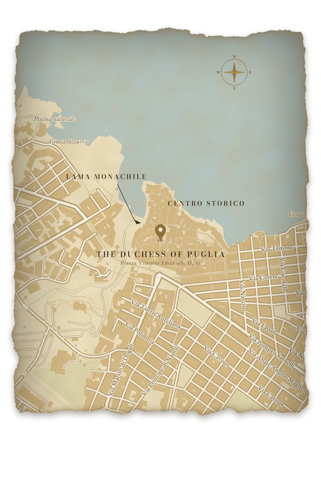 Antique map of Polignano a Mare showing The Duchess of Puglia location