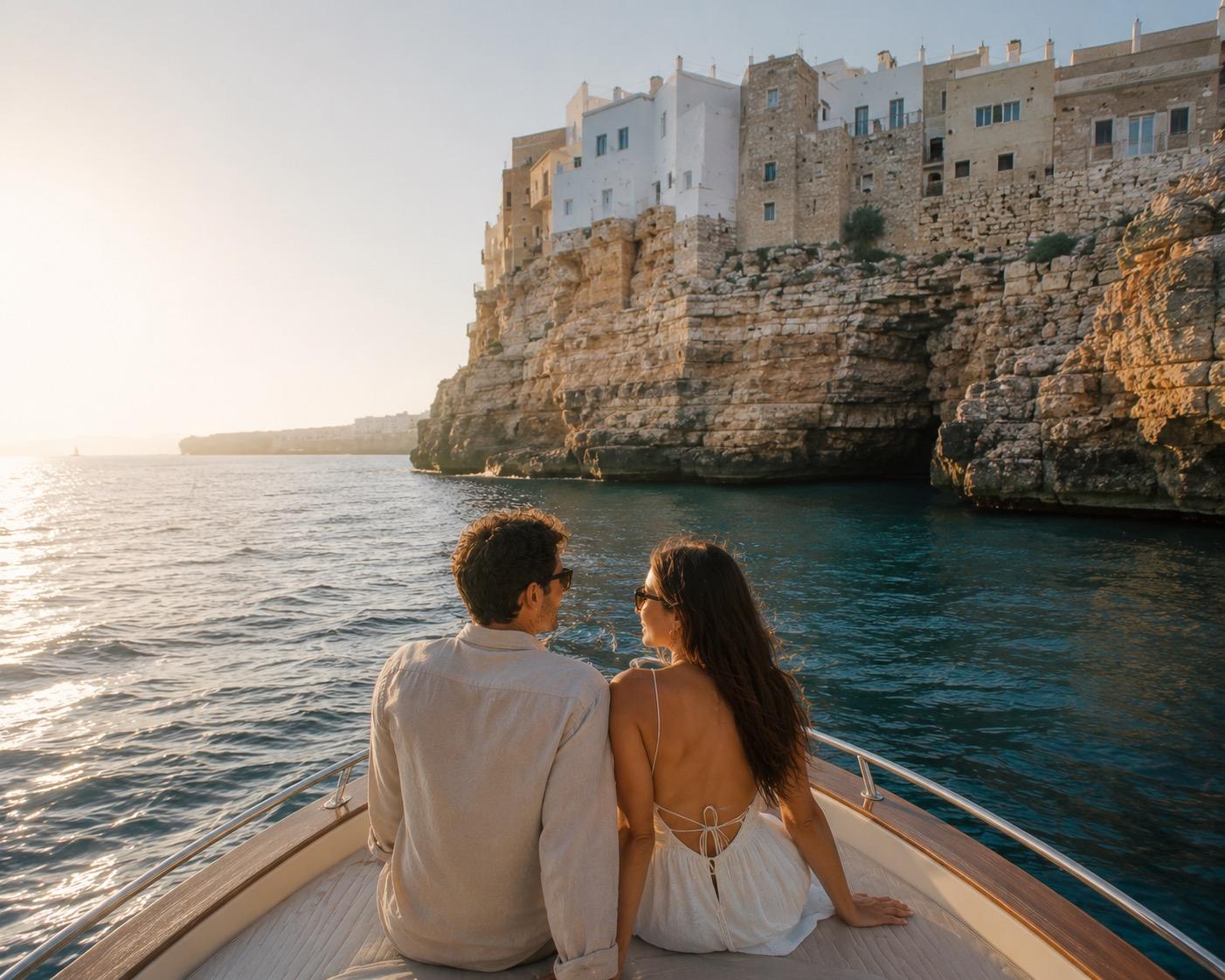 A couple on the bow of a boat looking up at Polignano a Mare's houses perched on the limestone cliffs.