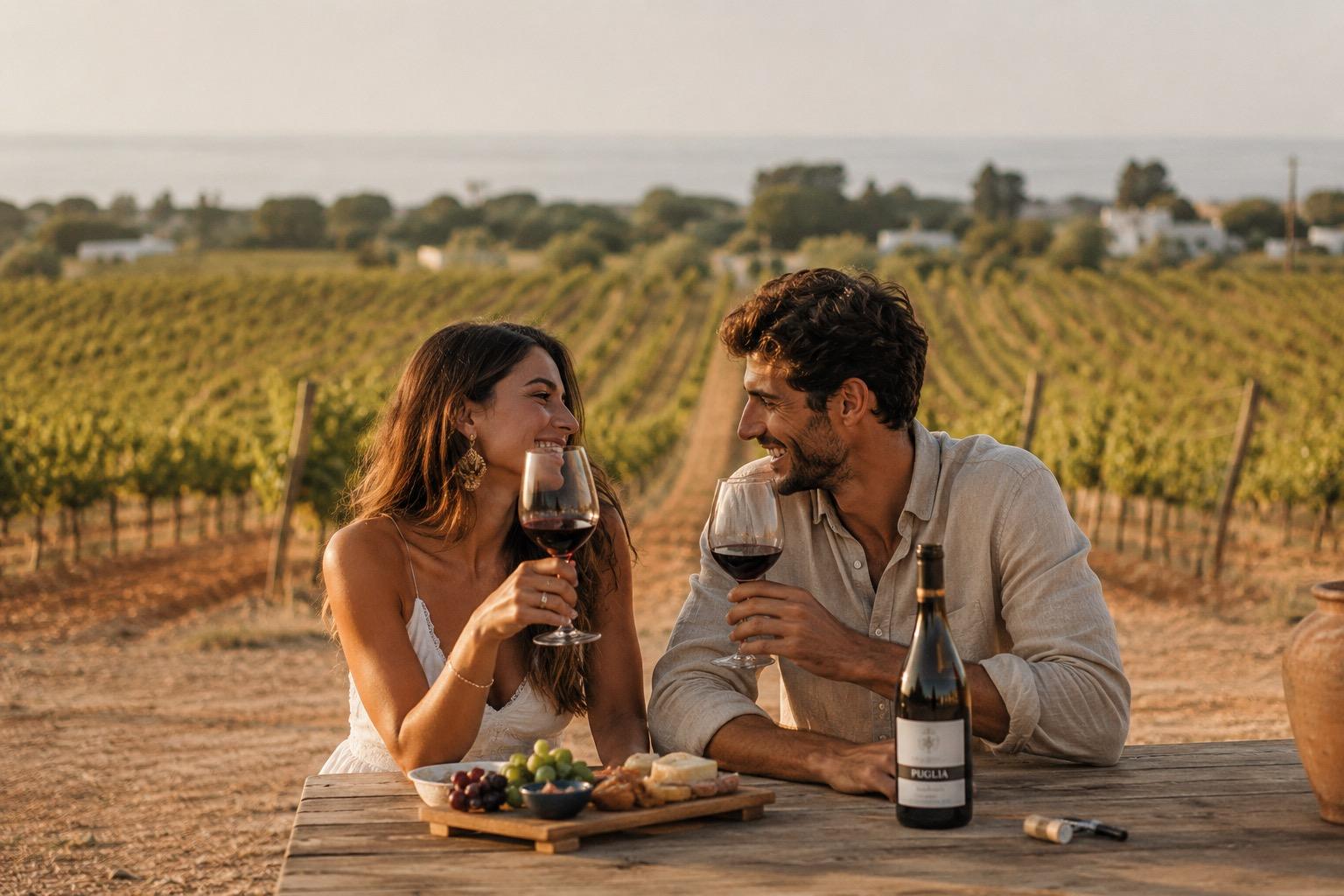 A couple sharing a glass of Puglian red at a wooden table overlooking the vineyard rows at sunset.